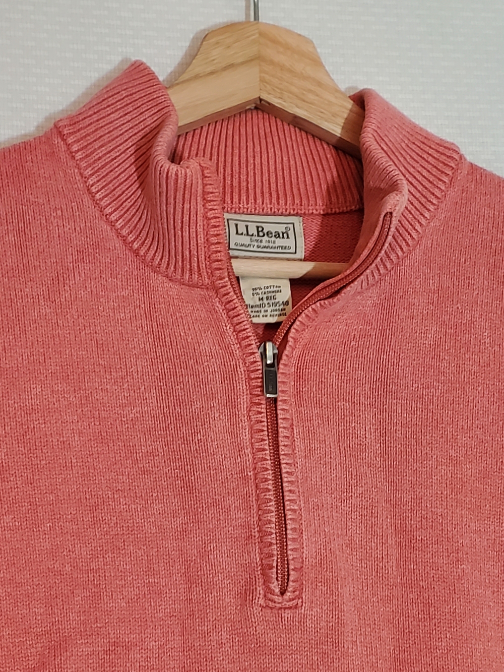 L.L. Bean Womens M Salmon Coral Quarter 1/4 Zip Sweater Pocket Cotton Cashmere